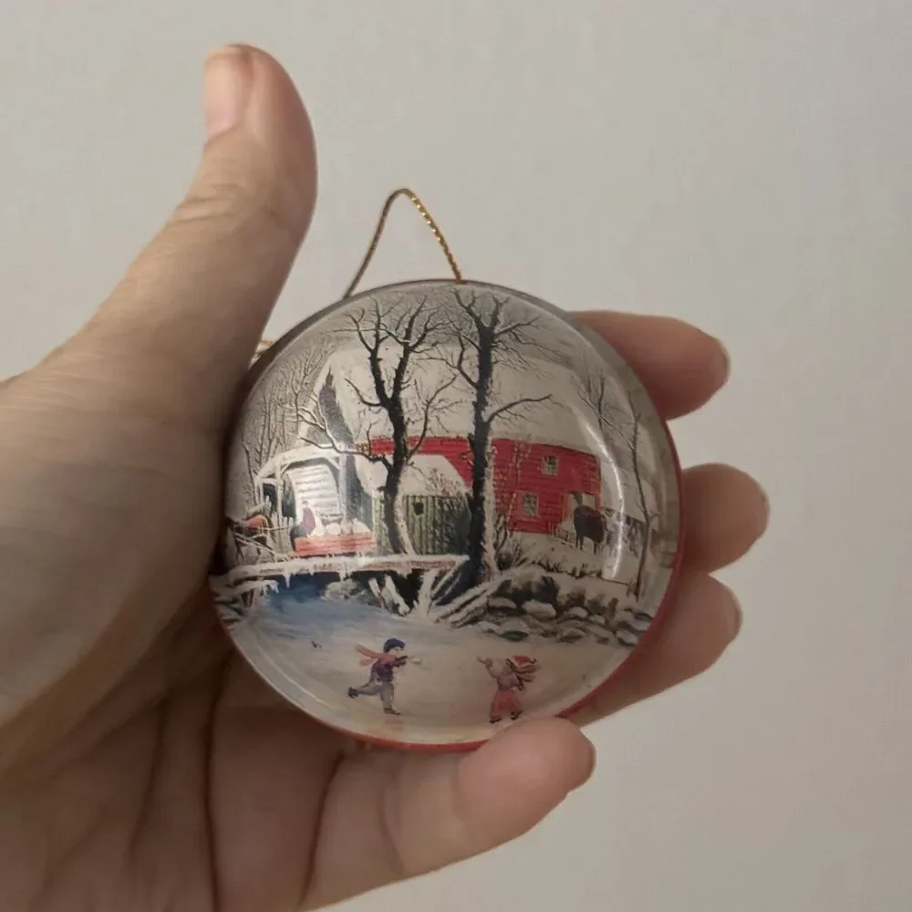 Vtg‎ Courier & Ives Jingle Ball + Gold Tone Bells Christmas Ornaments Mixed Lot